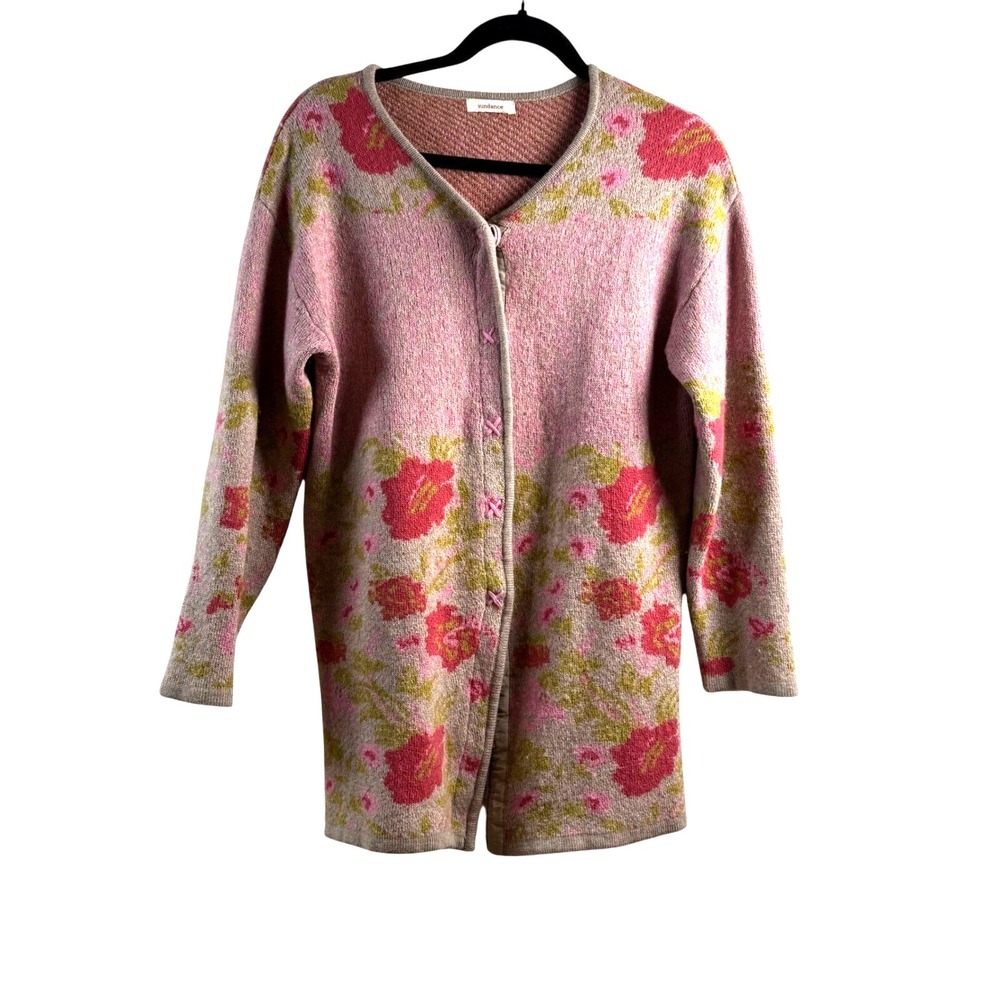 Sundance Pink Floral Wool Blend Cardigan with Coral and Olive Accents